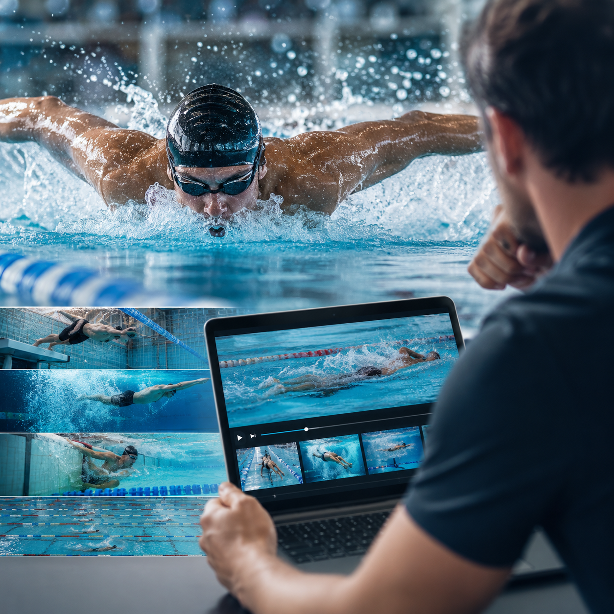 Online swim race video breakdown showing race analysis for starts, turns, underwater phases, and stroke technique