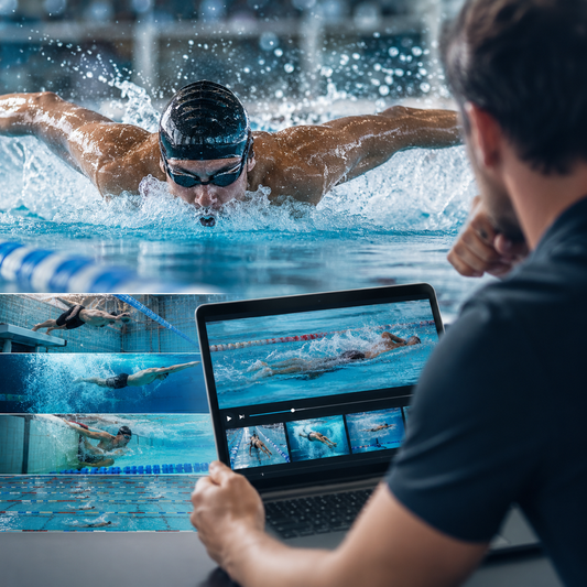 Online swim race video breakdown showing race analysis for starts, turns, underwater phases, and stroke technique
